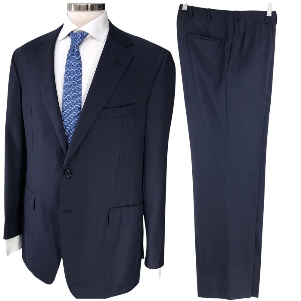 Oxxford Suit Mens 42L Superfine Merino Navy 2pc Classic Flat Front Single Vent